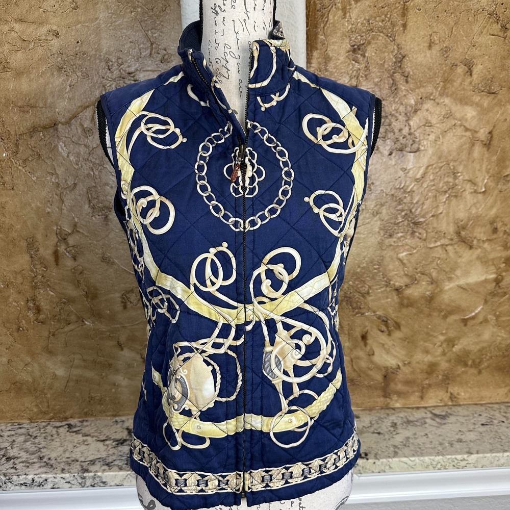 J McLaughlin Silk Quilted Vest Womens Small Full Zip Equestrian Chain Navy Blue
